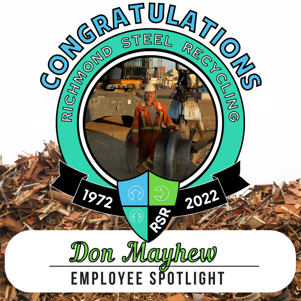Don Mayhew features as Richmond Steel Recycling employee spotlight. He is featured with a shear crane at the Richmond yard.